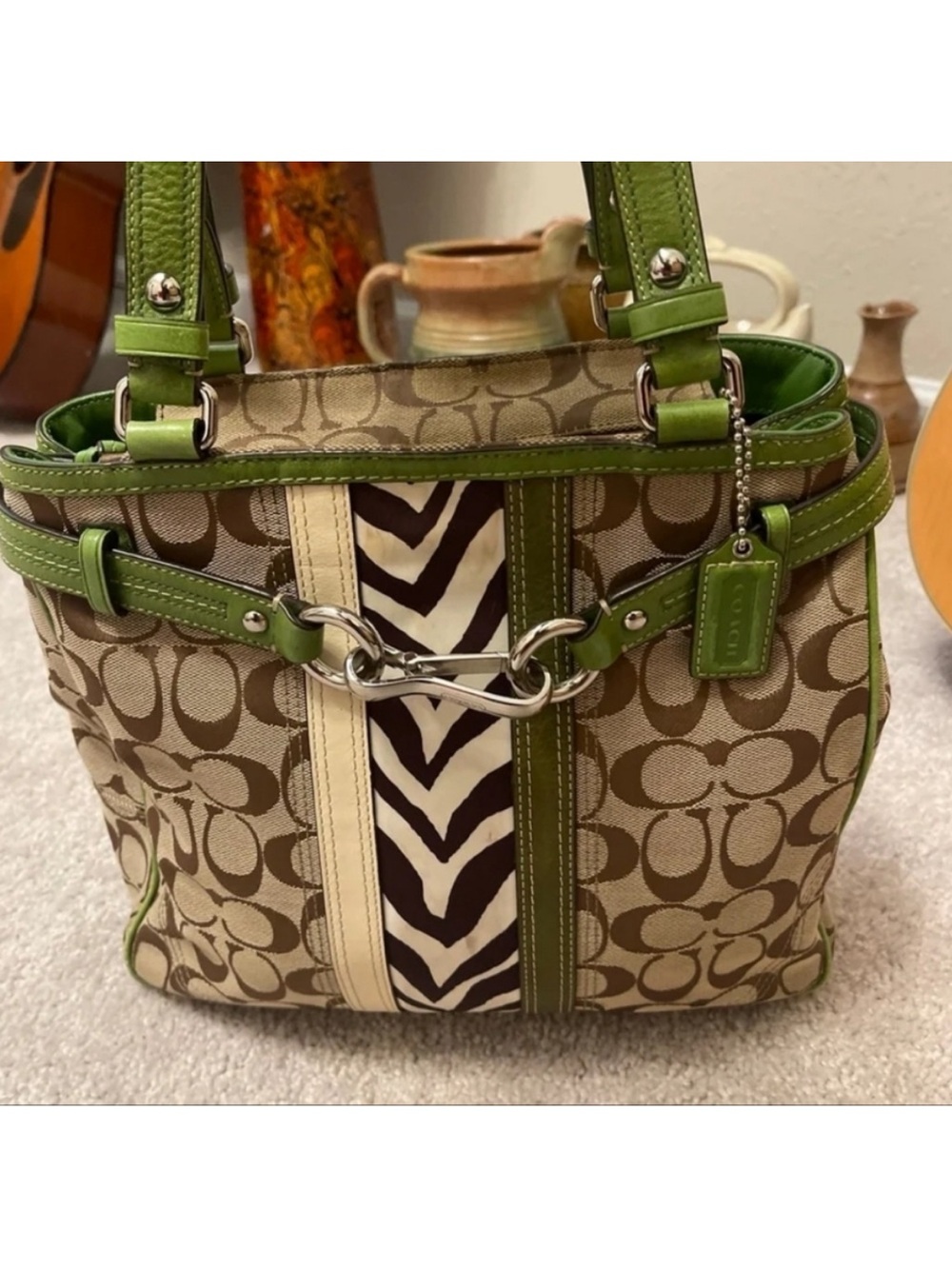 Coach Beige Signature Canvas Tote with Green Trim and Zebra Stripe